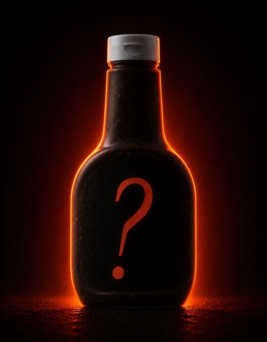 Unmarked dark bottle with a glowing tomato outline and a question mark on the front