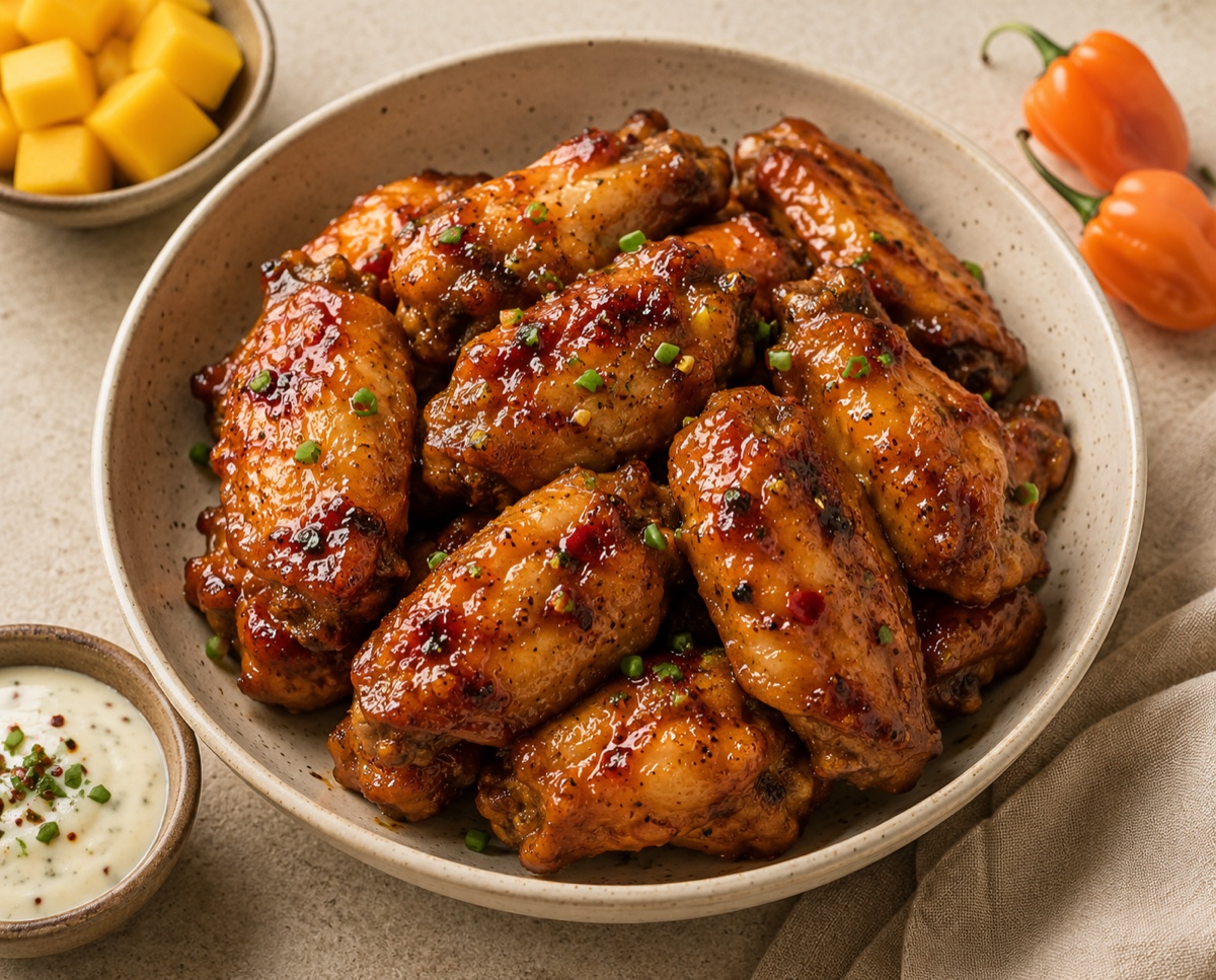 Mango-habanero glazed chicken wings in a bowl with diced mango and orange habanero peppers