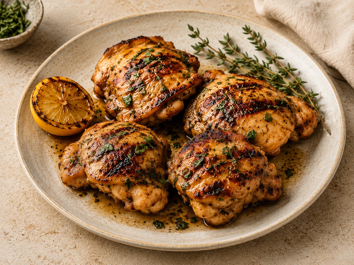 Grilled chicken thighs with charred lemon and fresh thyme on a ceramic plate